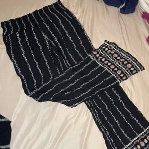 Three Dots Black Wide Leg Pants Womens Small Pull On Floral Smocked Boho